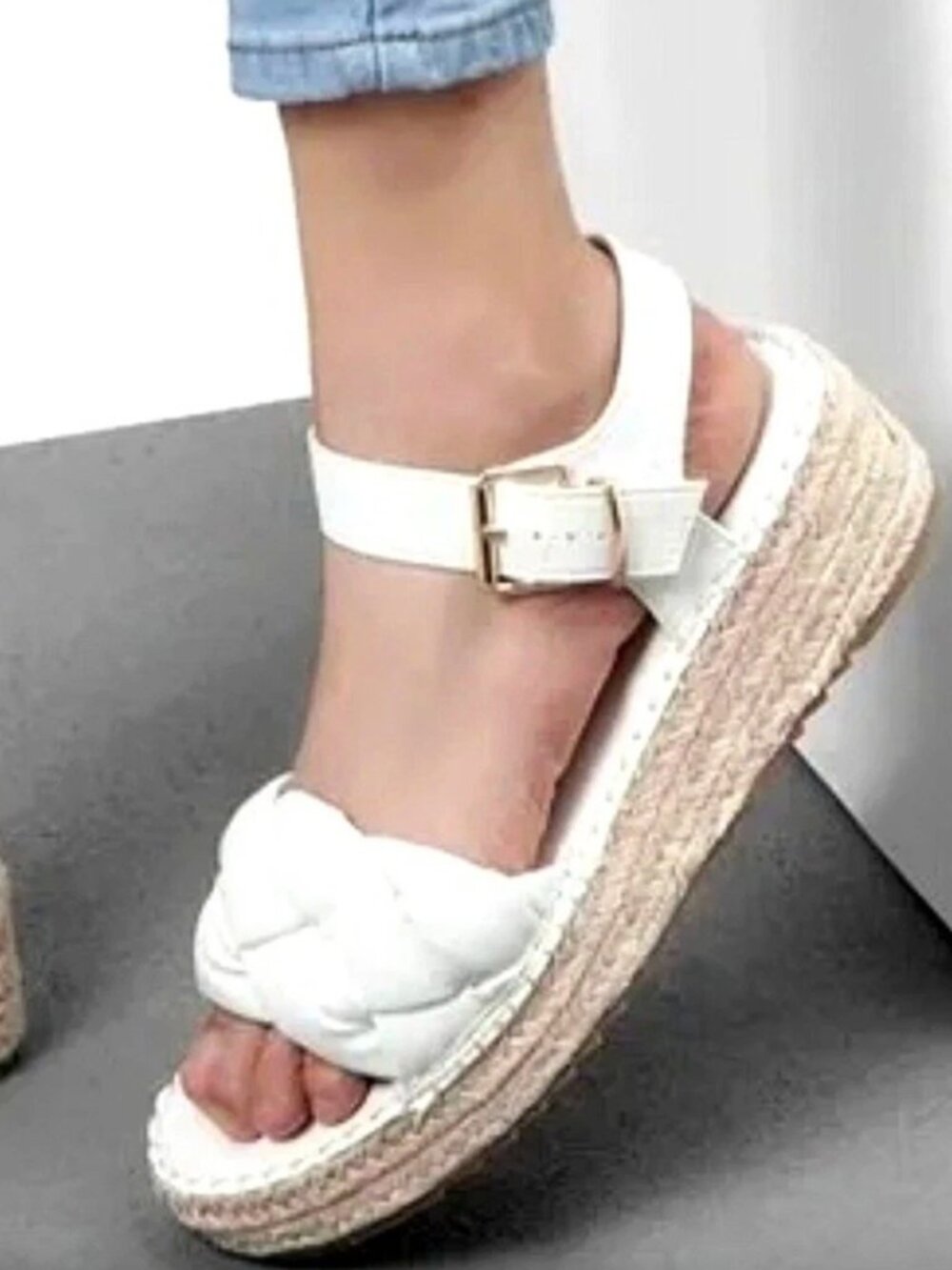 Pretty Little Thing White Platform Espadrille Sandals Size 8‎ Faux Leather Ankle
